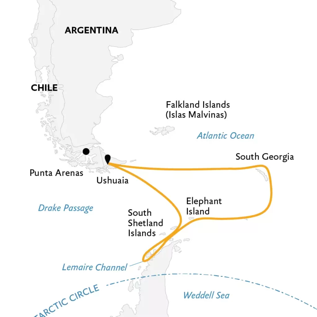 Crociera in Georgia del Sud e Antartide Mappa della spedizione di Quark Expeditions. Itinerario di 16 giorni