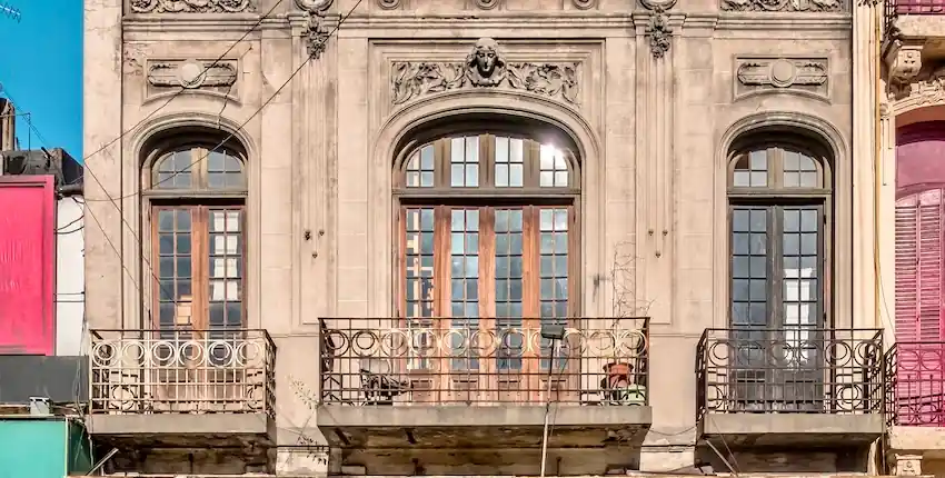 Old facades and balconies in San Telmo, one of the Buenos Aires neighborhoods to stay in