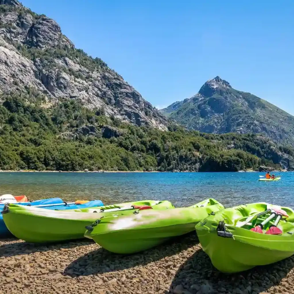 Kayaking activities in Bahía López Beach, Bariloche, Argentina.