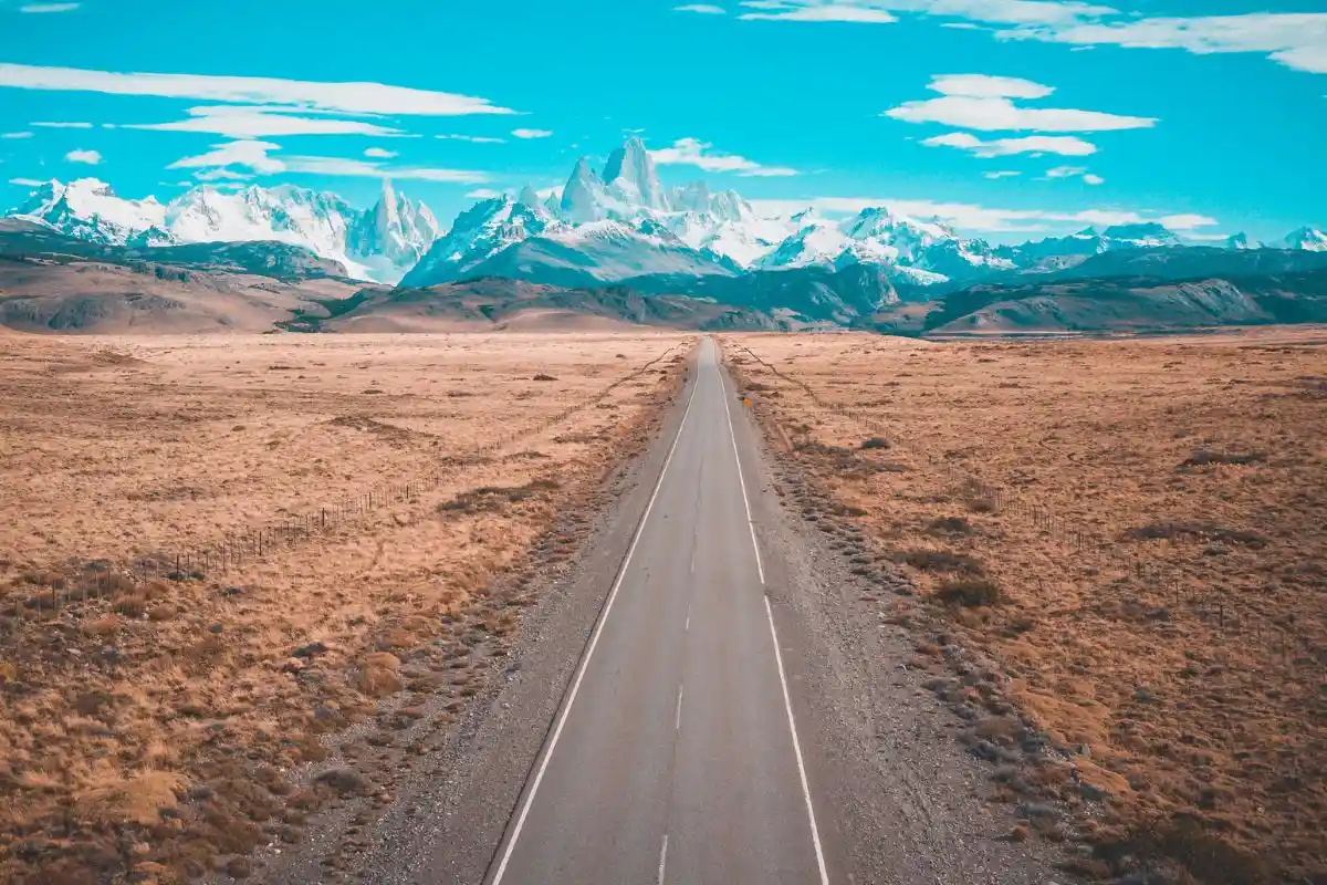 The road from El Calafate to El Chalten, with the Fitz Roy massif on the horizon.