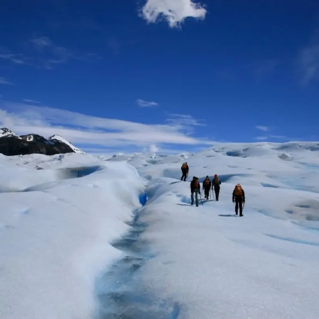 Eine Gruppe von Wanderern, die sich in der rauen Schönheit der chilenischen Gletscher bewegt und die Herausforderung der gefrorenen Wildnis annimmt.