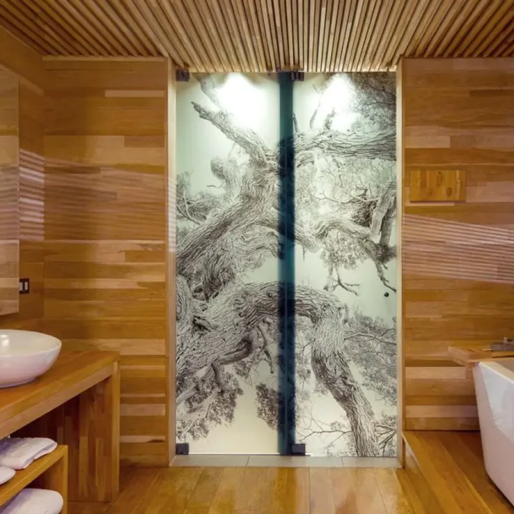 A modern, rustic bathroom with wooden finishes and a serene, spa-like atmosphere.