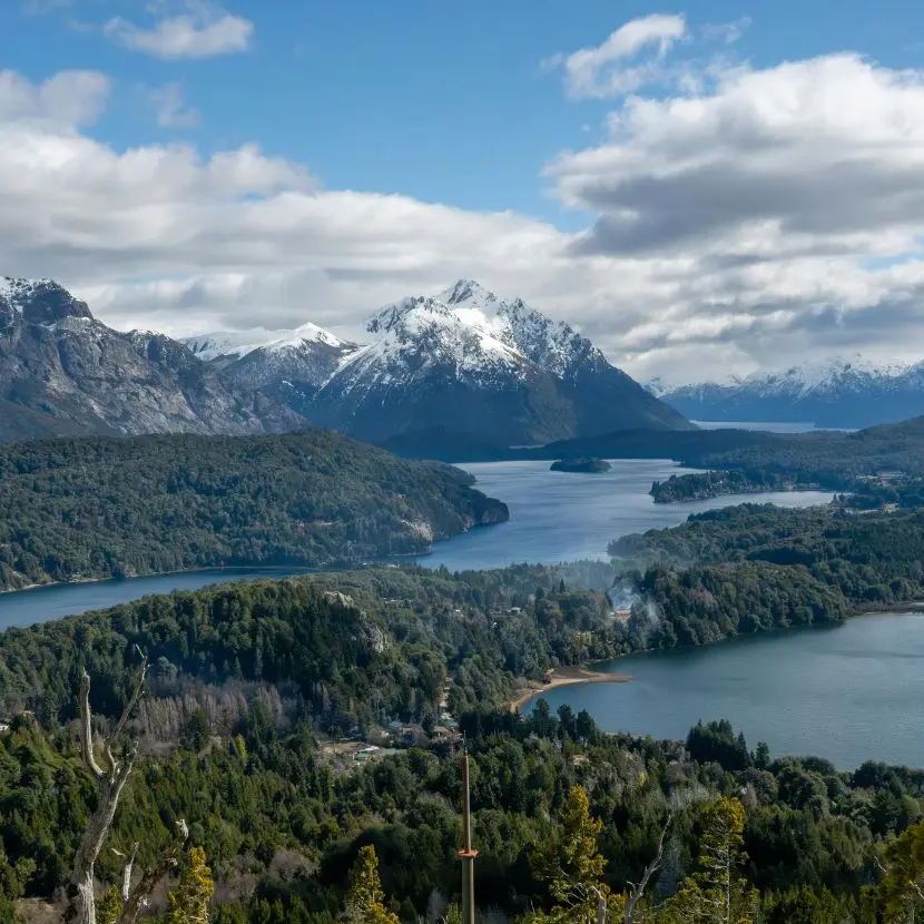 Panoramic view of Northern Patagonia’s lakes and snowcapped peaks near Bariloche.