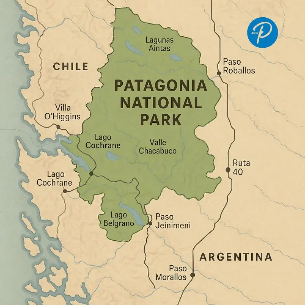 Karte, die die Ausdehnung des Nationalparks Patagonien in Chile und Argentinien zeigt, mit den wichtigsten Zugangswegen.