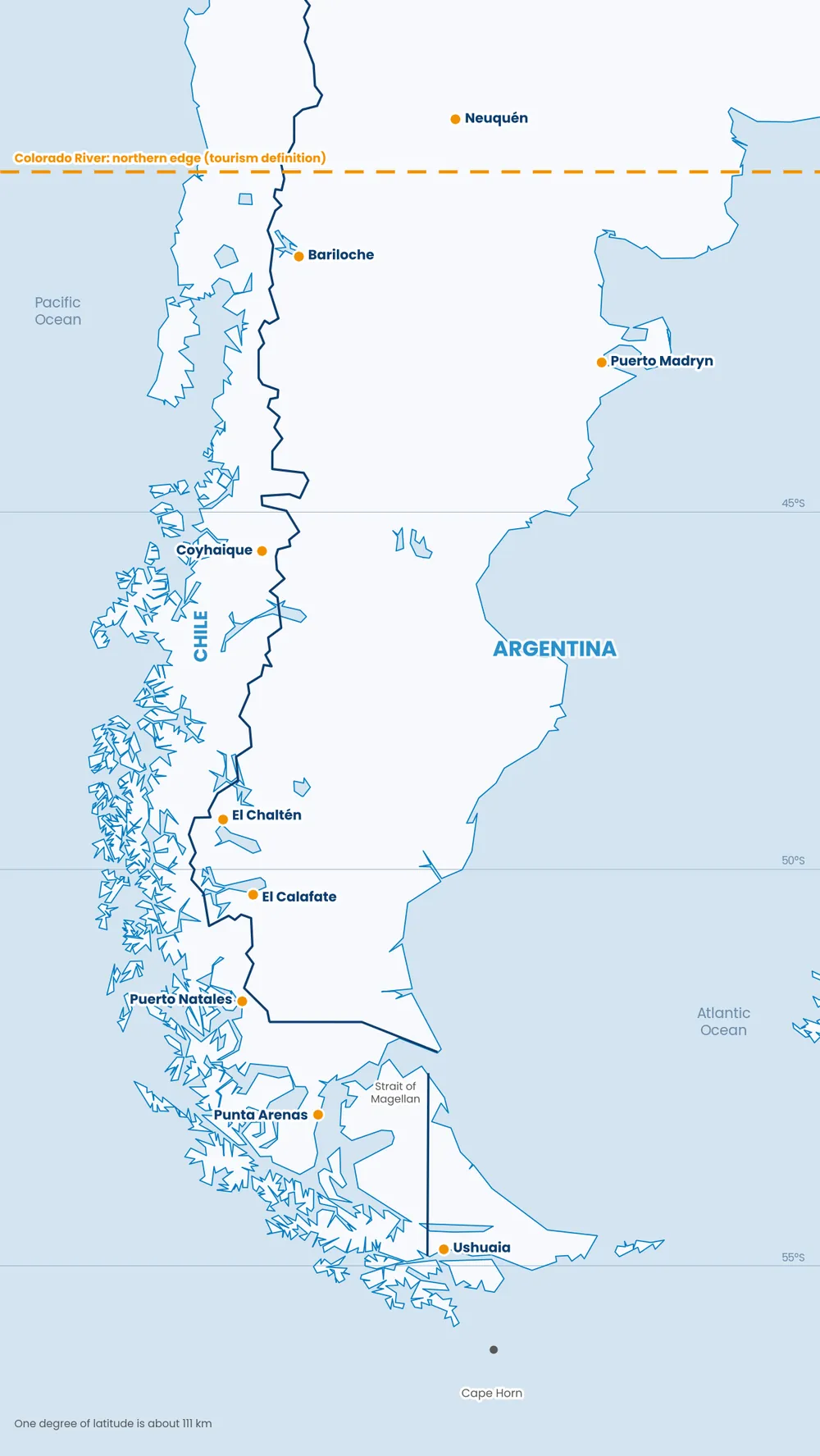Where Is Patagonia? Map, Borders, and How to Get There Map of Patagonia between Argentina and Chile, with Neuquén, Bariloche, Puerto Madryn, Coyhaique, El Chaltén, El Calafate, Puerto Natales, Punta Arenas and Ushuaia marked