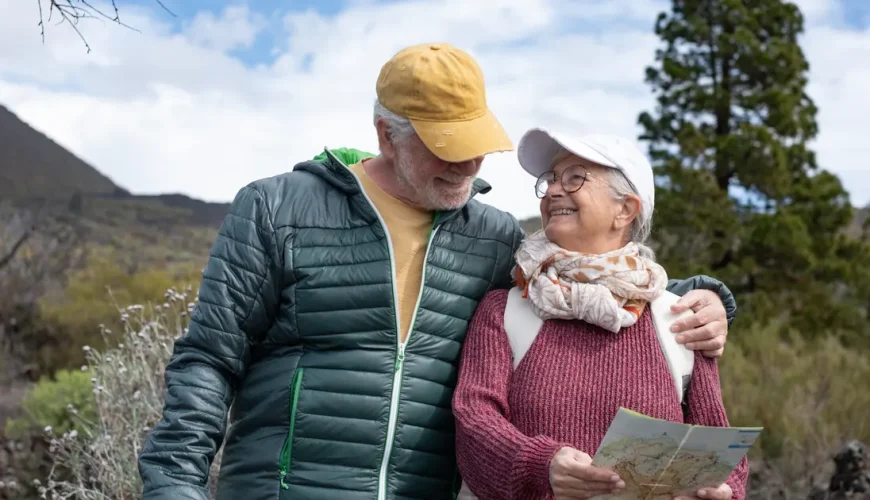 Un couple de personnes âgées souriantes, tenant une carte des sentiers, lors d'une promenade dans les collines